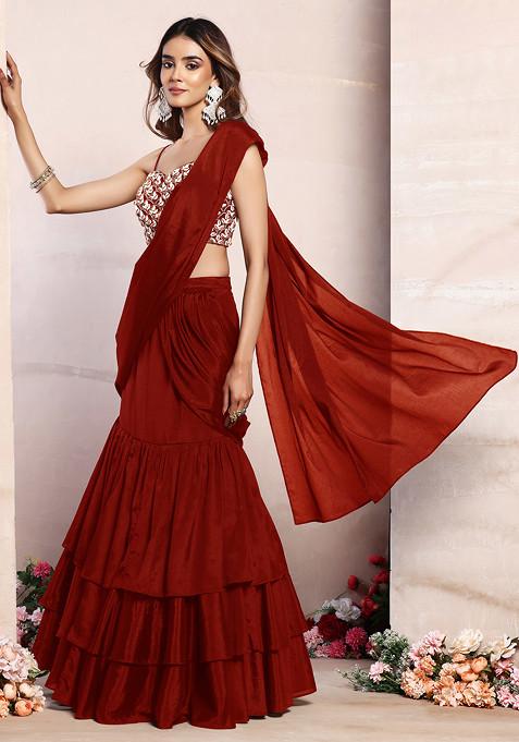 Red Ruffled Pre-Stitched Saree Set With Pearl And Shell Hand Embroidered Blouse
