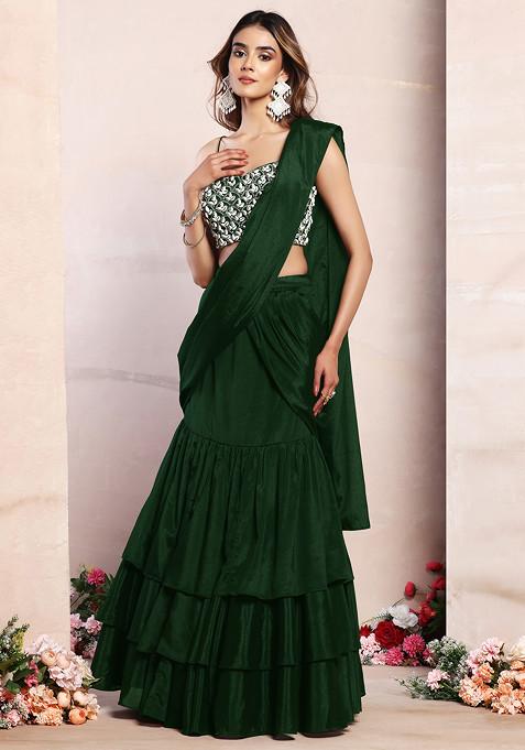 Emerald Green Ruffled Pre-Stitched Saree Set With Pearl And Shell Hand Embroidered Blouse