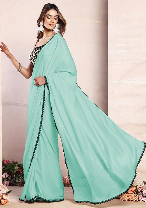 Mint Green Satin Pre-Stitched Saree Set With Black Sequin Hand Embroidered Blouse