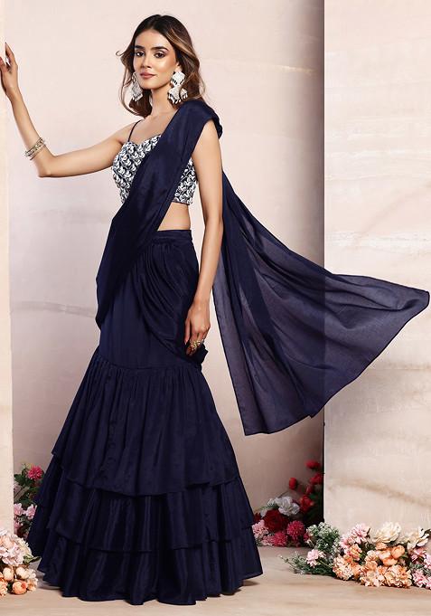 Navy Blue Ruffled Pre-Stitched Saree Set With Pearl And Shell Hand Embroidered Blouse