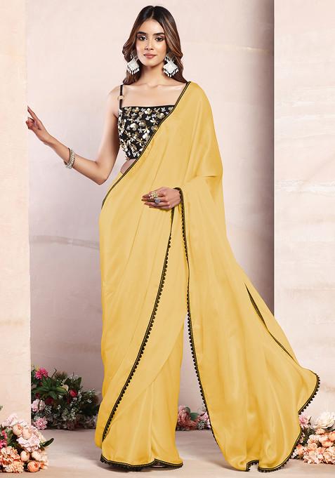 Yellow Satin Pre-Stitched Saree Set With Black Sequin Hand Embroidered Blouse