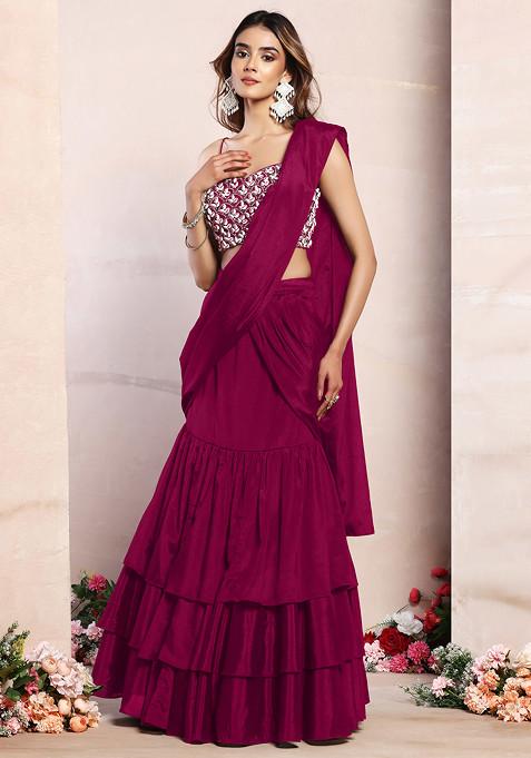 Wine Ruffled Pre-Stitched Saree Set With Pearl And Shell Hand Embroidered Blouse