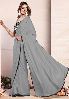 Grey Satin Pre-Stitched Saree Set With Black Sequin Hand Embroidered Blouse