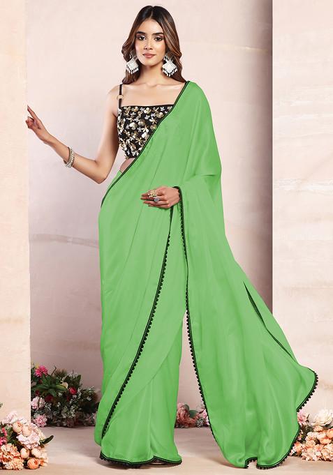 Green Satin Pre-Stitched Saree Set With Black Sequin Hand Embroidered Blouse