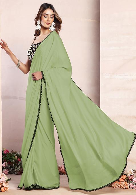 Pastel Green Satin Pre-Stitched Saree Set With Black Sequin Hand Embroidered Blouse