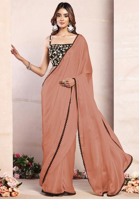 Salmon Pink Satin Pre-Stitched Saree Set With Black Sequin Hand Embroidered Blouse