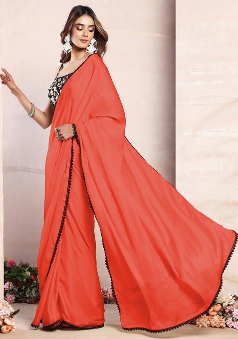 Orange Satin Pre-Stitched Saree Set With Black Sequin Hand Embroidered Blouse