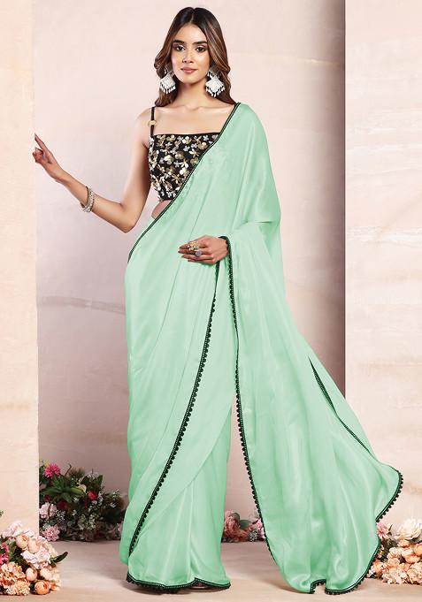 Seafoam Satin Pre-Stitched Saree Set With Black Sequin Hand Embroidered Blouse