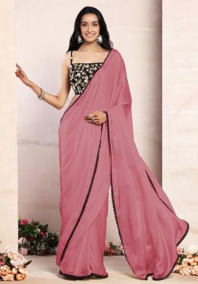 Blush Pink Satin Pre-Stitched Saree Set With Black Sequin Hand Embroidered Blouse