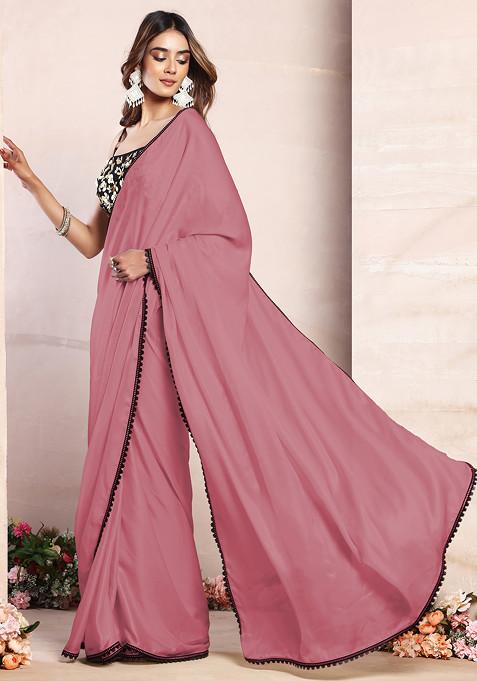 Blush Pink Satin Pre-Stitched Saree Set With Black Sequin Hand Embroidered Blouse