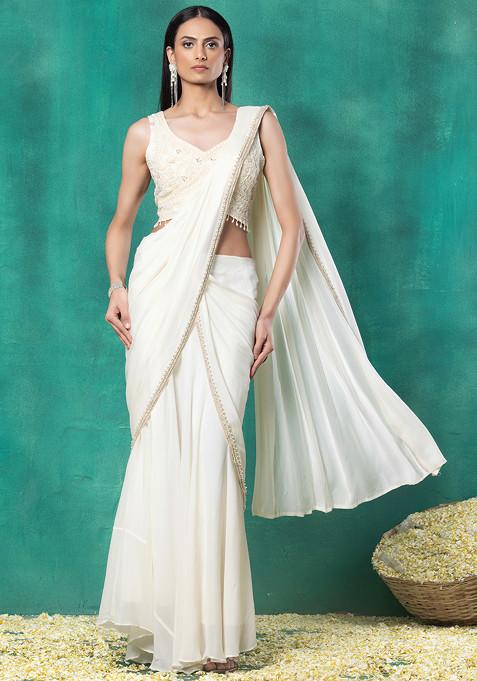 Off White Pre-Stitched Saree Set With Floral Sequin Embellished Blouse