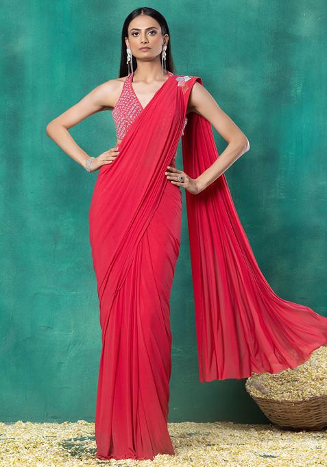 Red Mesh Pre-Stitched Saree Set With Sequin Hand Embroidered Blouse
