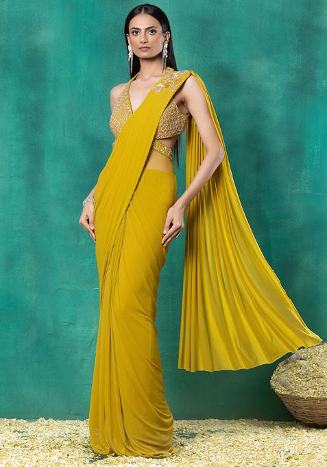 Yellow Mesh Pre-Stitched Saree Set With Sequin Embellished Blouse