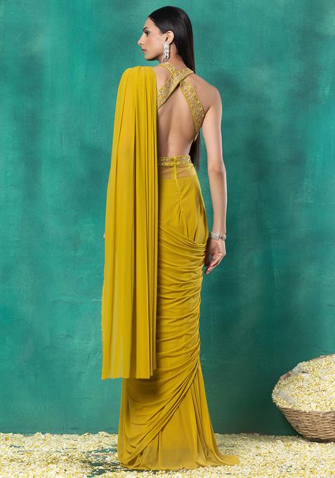 Pre-Pleated Yellow Sari with Heavy Sequin Blouse