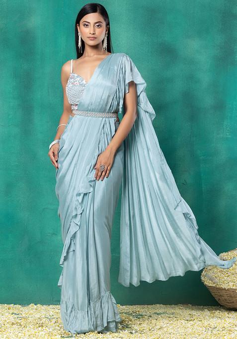 Sea Green Pre-Stitched Saree Set With Floral Sequin Bead Embellished Blouse And Belt