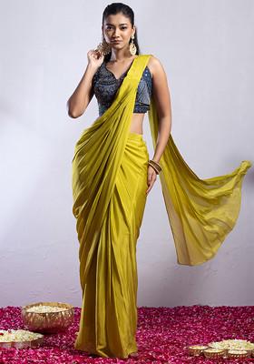 Lime Green Pre-Stitched Saree Set With Blue Sequin Embellished Blouse