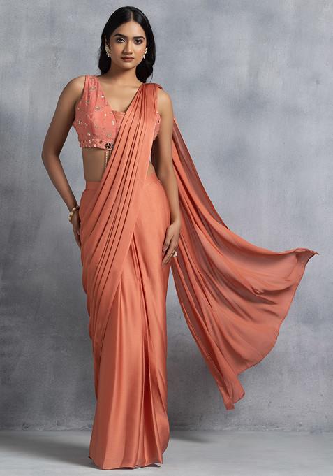 Coral Pre-Stitched Saree Set With Mirror Sequin Embellished Blouse