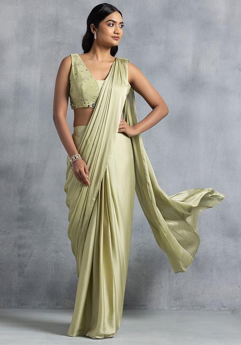 Sea Green Pre-Stitched Saree Set With Mirror Sequin Embellished Blouse