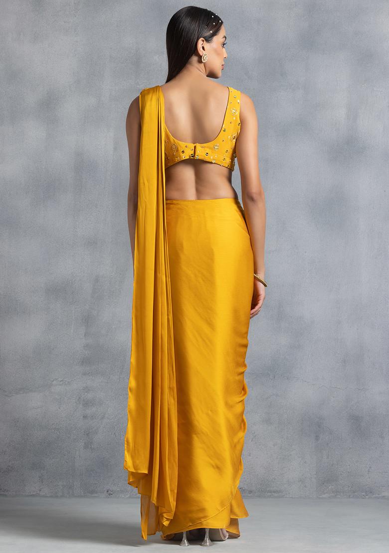 Mustard Pre-Stitched Saree Set With Mirror Sequin Embellished Blouse - Indya