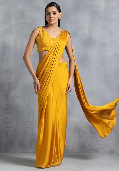 Mustard Pre-Stitched Saree Set With Mirror Sequin Embellished Blouse