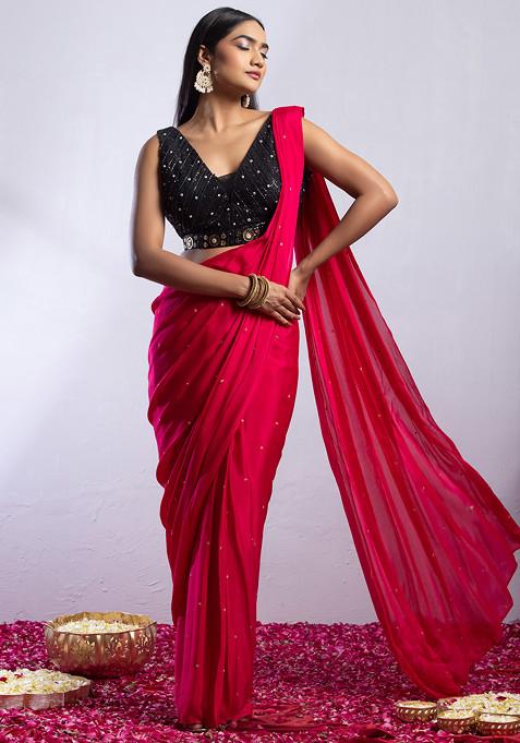 Hot Pink Pre-Stitched Saree Set With Black Sequin Hand Embellished Blouse