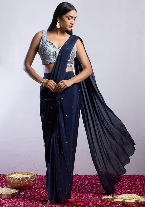 Blue Pre-Stitched Saree Set With Floral Mirror Embroidered Blouse