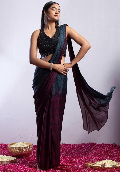 Black Abstract Print Pre-Stitched Saree Set With Sequin Embellished Blouse