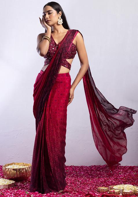 Maroon Geometric Print Pre-Stitched Saree Set With Mirror Embellished Blouse