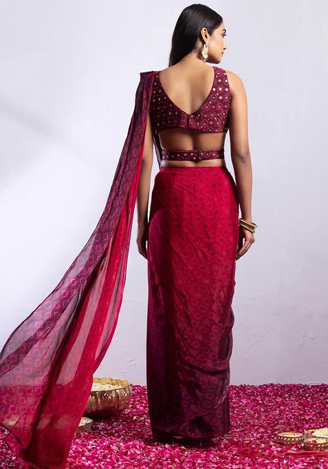 Chevron Print Saree with Mirror Embroidery Blouse and Belt
