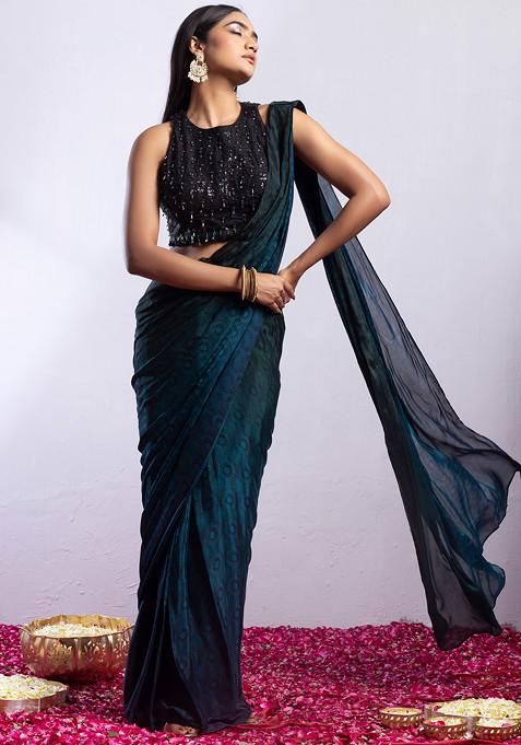 Teal Blue Geometric Print Pre-Stitched Saree Set With Black Embellished Blouse