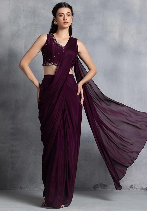 Wine Pre-Stitched Saree Set With Sequin Bead Embellished Blouse