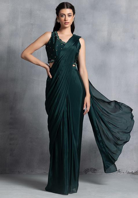 Deep Green Pre-Stitched Saree Set With Sequin Bead Embellished Blouse