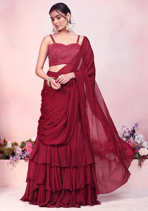 Maroon Ruffled Pre-Stitched Saree Set With Sequin Thread Hand Embroidered Strappy Blouse