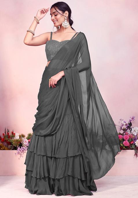 Charcoal Black Ruffled Pre-Stitched Saree Set With Sequin Thread Hand Embroidered Strappy Blouse