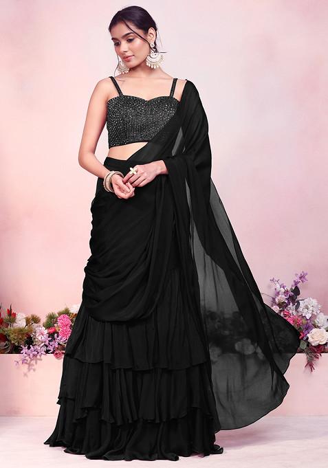 Black Ruffled Pre-Stitched Saree Set With Sequin Thread Hand Embroidered Strappy Blouse