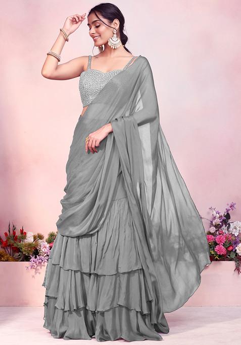 Grey Ruffled Pre-Stitched Saree Set With Sequin Thread Hand Embroidered Strappy Blouse