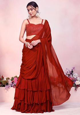 Orange Ruffled Pre-Stitched Saree Set With Sequin Thread Hand Embroidered Strappy Blouse