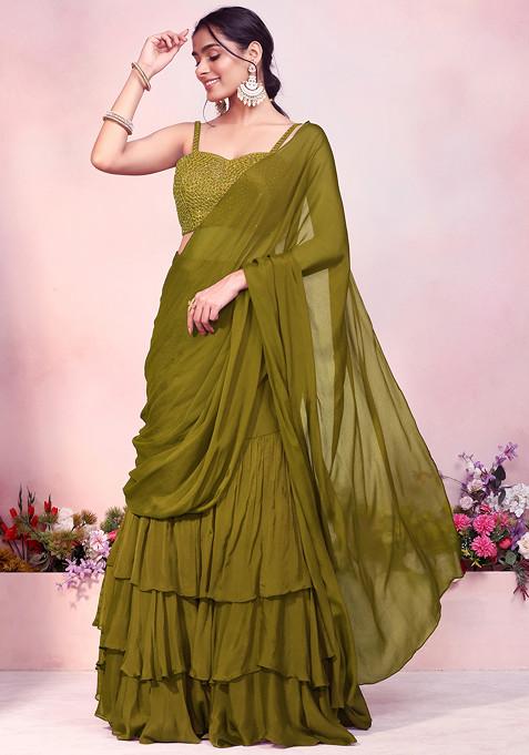 Light Olive Ruffled Pre-Stitched Saree Set With Sequin Thread Hand Embroidered Strappy Blouse