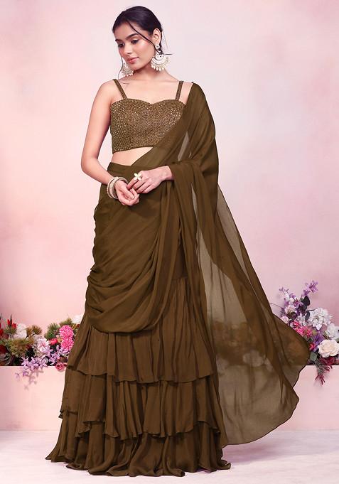 Copper Ruffled Pre-Stitched Saree Set With Sequin Thread Hand Embroidered Strappy Blouse
