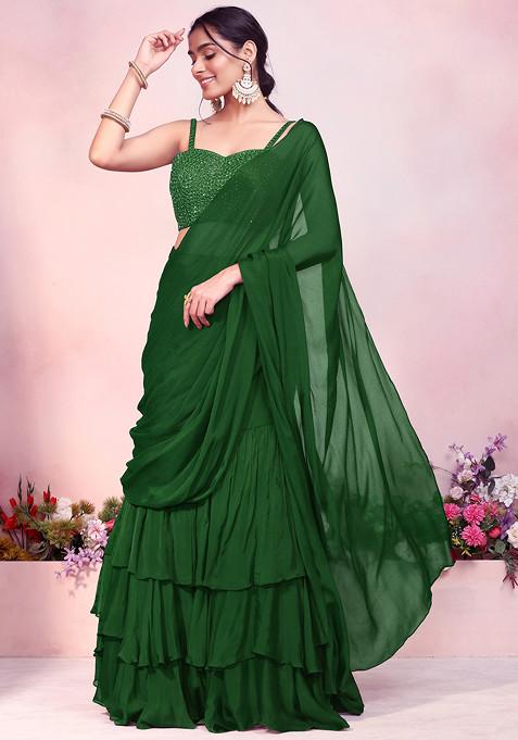 Emerald Green Ruffled Pre-Stitched Saree Set With Sequin Thread Hand Embroidered Strappy Blouse