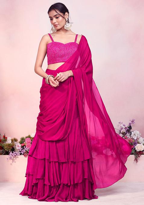 Hot Pink Ruffled Pre-Stitched Saree Set With Sequin Thread Hand Embroidered Strappy Blouse