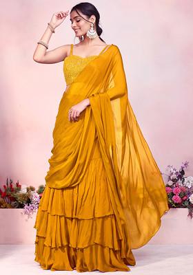 Mustard Yellow Ruffled Pre-Stitched Saree Set With Sequin Thread Hand Embroidered Strappy Blouse