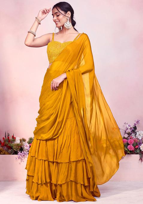 Mustard Yellow Ruffled Pre-Stitched Saree Set With Sequin Thread Hand Embroidered Strappy Blouse