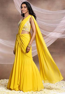 Yellow Pre-Stitched Saree Set With Pearl And Sequin Hand Embroidered Blouse