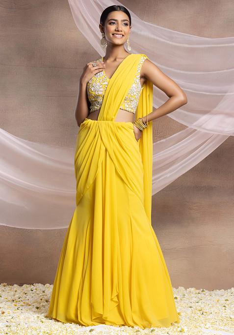 Yellow Pre-Stitched Saree Set With Pearl And Sequin Hand Embroidered Blouse