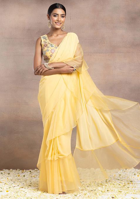 Yellow Pre-Stitched Saree Set With Floral Thread Hand Embroidered Blouse