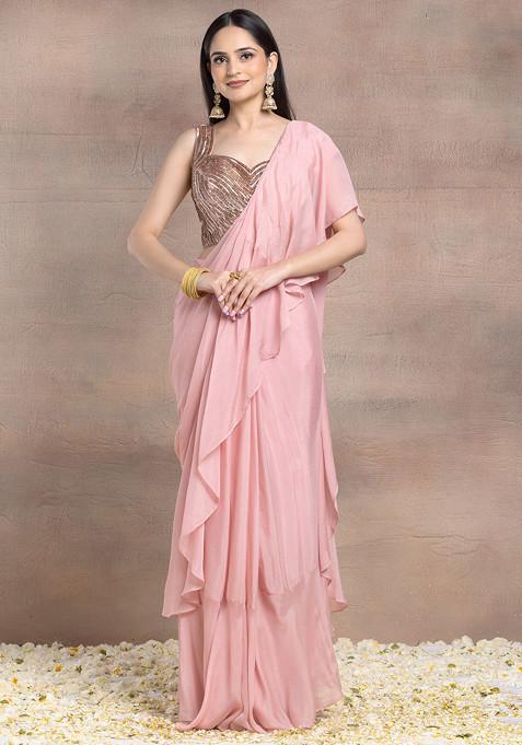 Dull Pink Pre-Stitched Saree Set With Tonal Sequin Hand Embroidered Silk Blouse