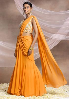Mustard Pre-Stitched Saree Set With Pearl And Sequin Hand Embroidered Blouse