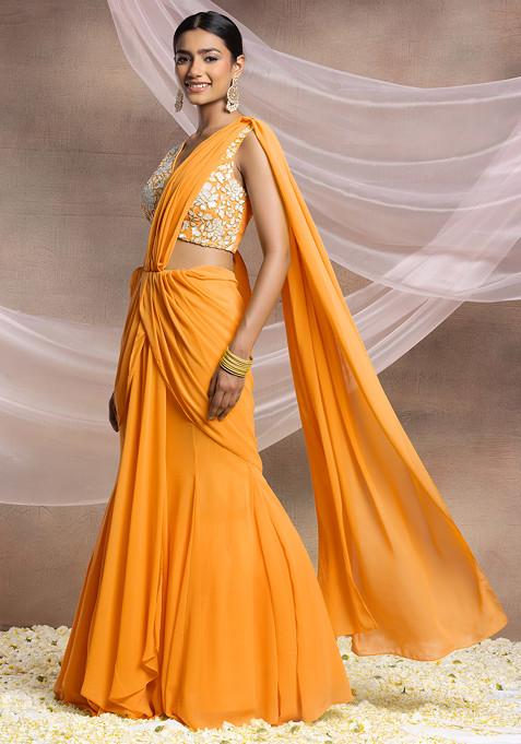 Mustard Pre-Stitched Saree Set With Pearl And Sequin Hand Embroidered Blouse