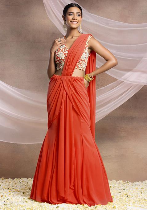 Red Pre-Stitched Saree Set With Pearl And Sequin Hand Embroidered Blouse